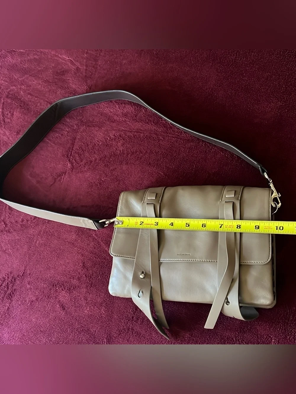 AllSaints Two Tone Taupe Gray Fin Lea Lamp Leather Box Messenger Shoulder Bag